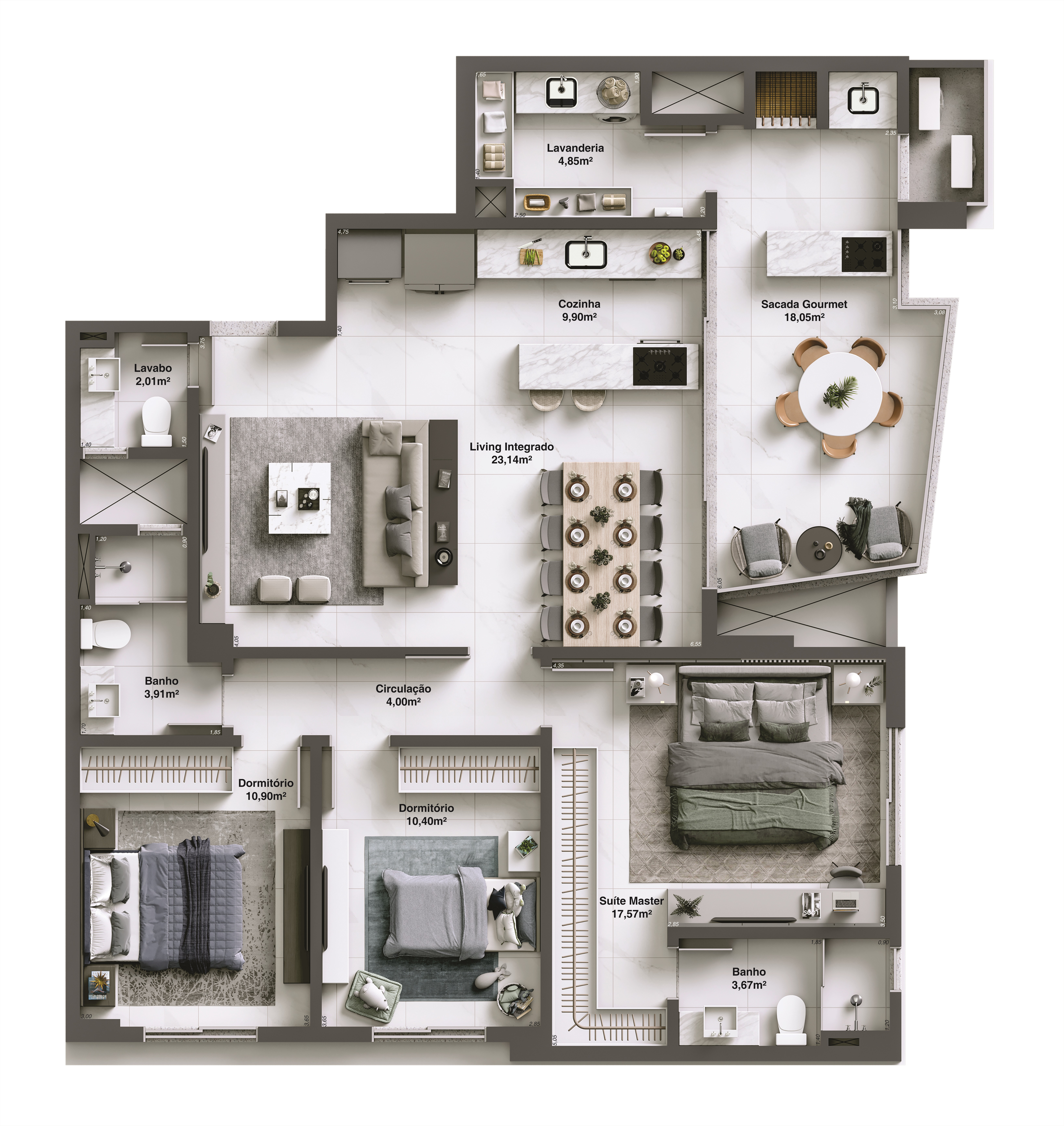 Tremezzo Residencial — planta apartamento tipo final 01 (finais 02, 03 e 04 com a mesma planta, rebatida)