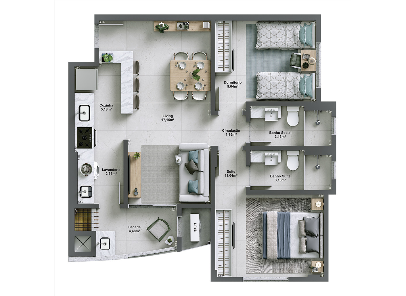 Pianezze Residencial — Apartamento tipo - Final 01 - Torre B (Finais 02, 04 e 05 possuem a mesma planta, apenas rebatida