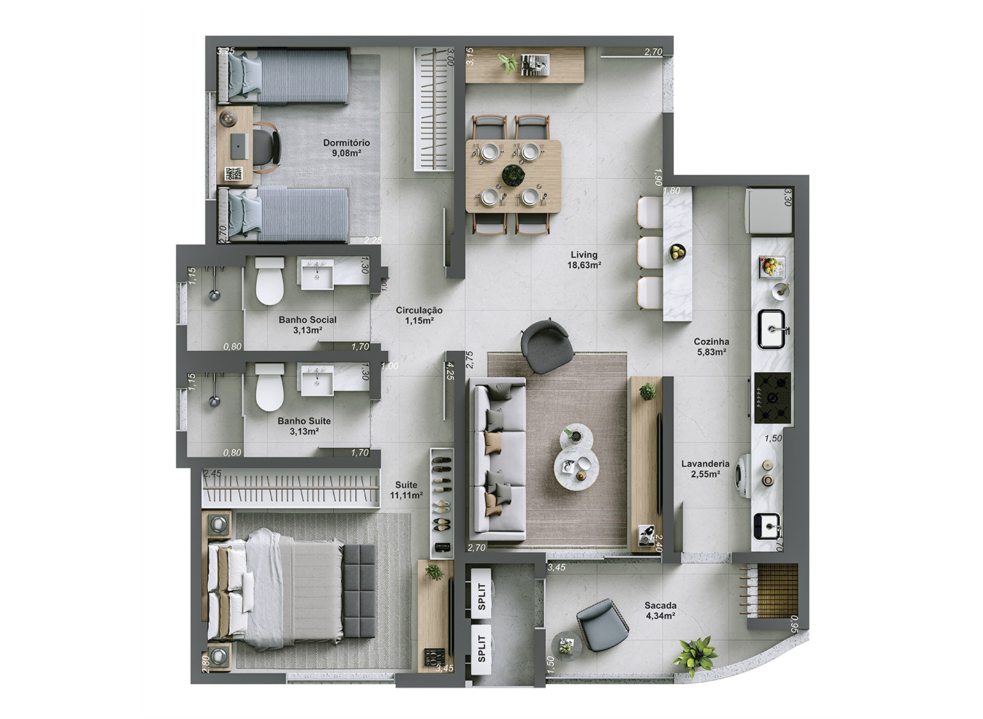 Pianezze Residencial — Apartamento tipo - Final 03 - Torre A (Final 04 possui a mesma planta, apenas rebatida)