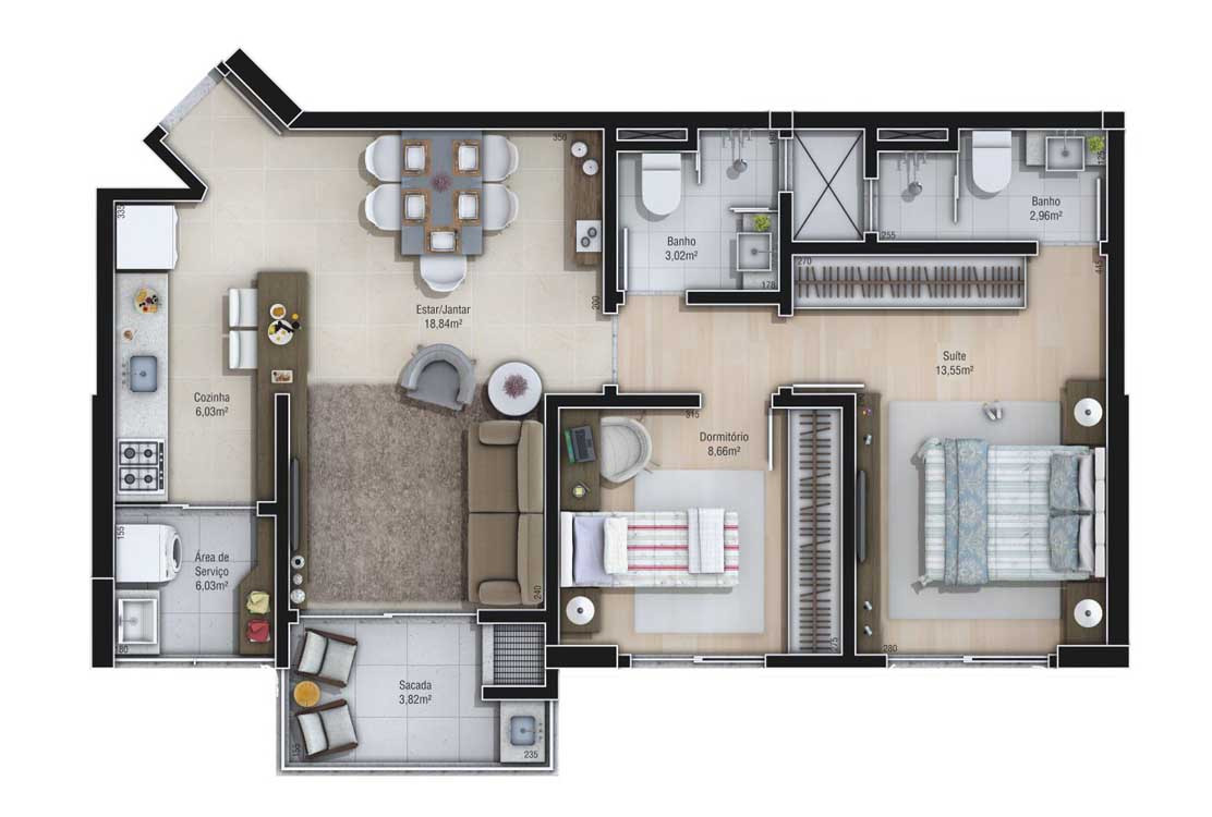 Due Fratelli Residencial — Apartamento tipo - Final 3 (Final 6 possui a mesma planta apenas rebatida)