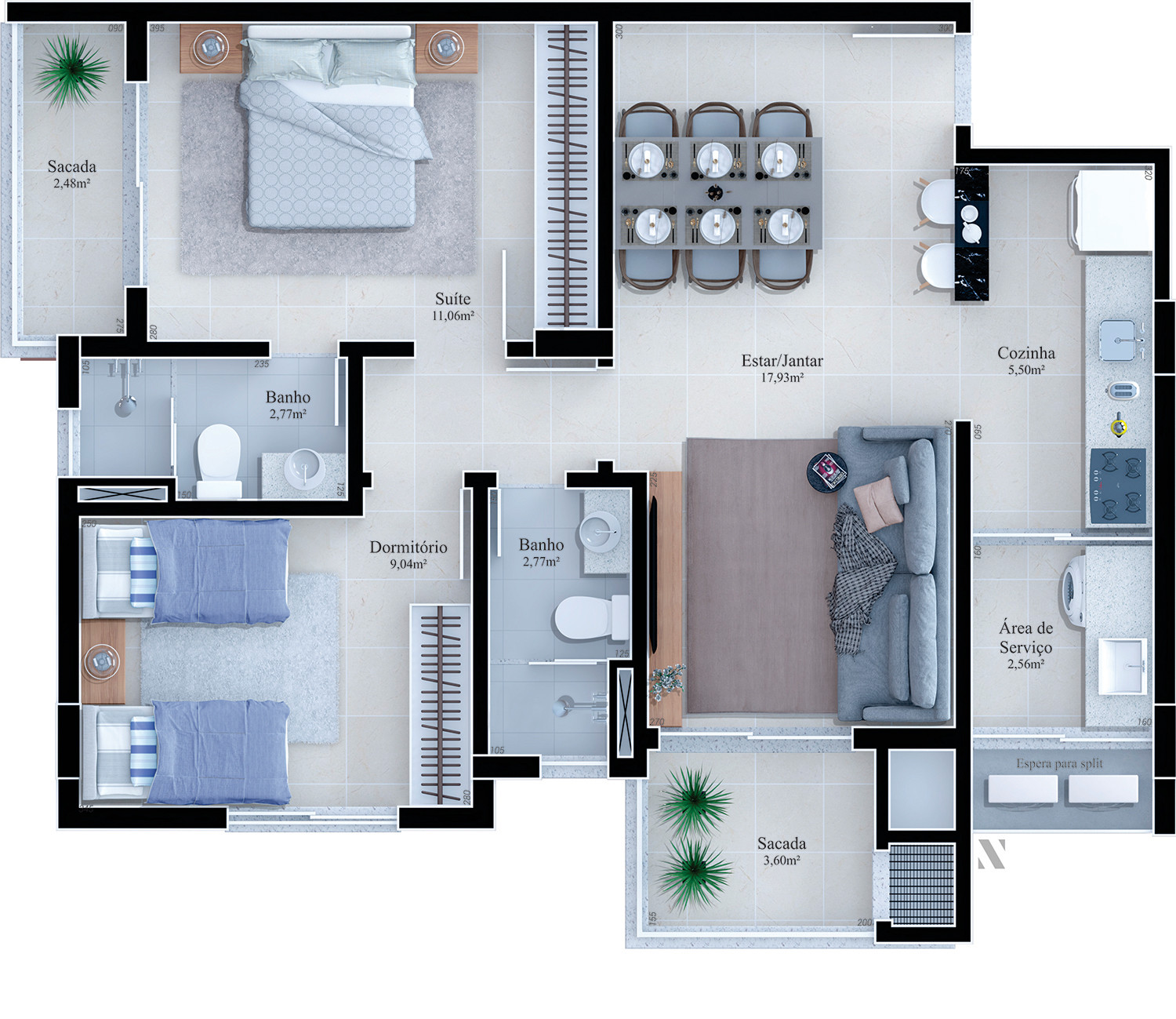 Calalzo Di Cadore Residencial — planta apartamento tipo final 1 (finais 2, 4 e 5, rebatida)