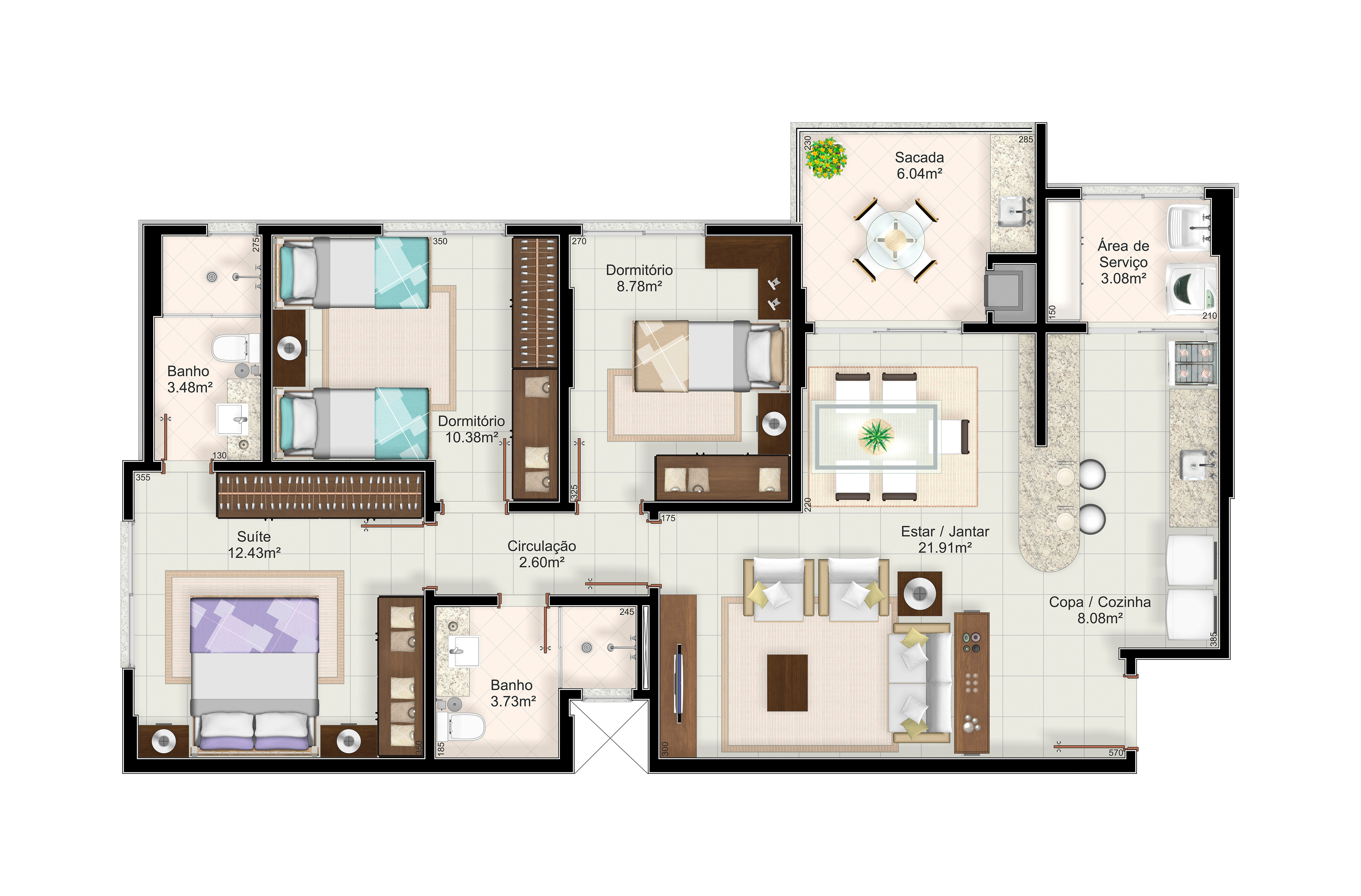 Calliano Residencial — planta apartamento tipo final 2 (finais 1, 4 e 5 possuem a mesma planta, rebatida)