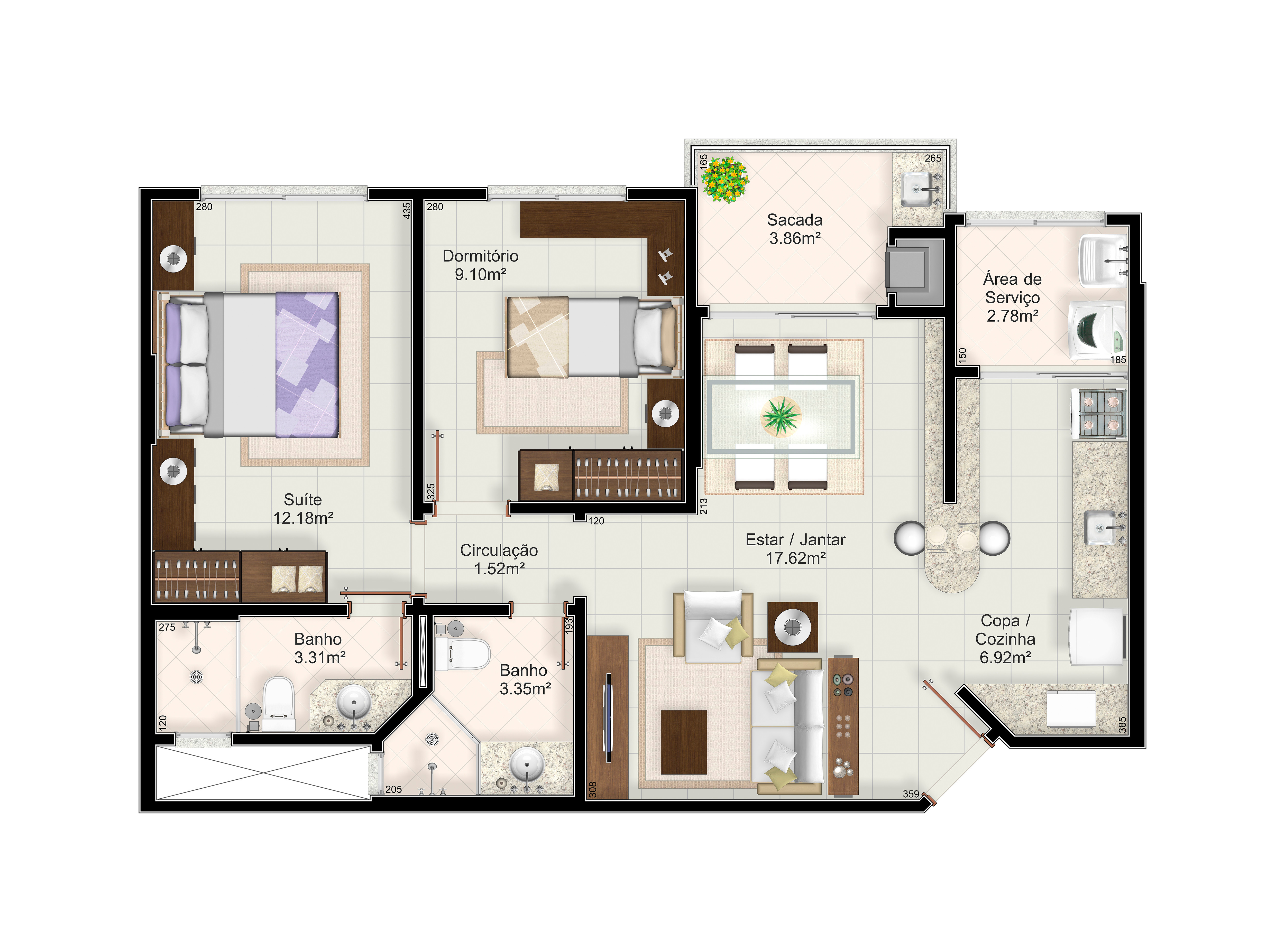 Calliano Residencial — planta apartamento tipo final 3 (final 6 possui a mesma planta, rebatida)